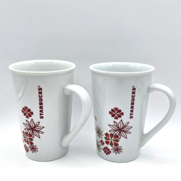 2013 Holiday STARBUCKS Set of 2 Snowflake Christmas Coffee Red Gold Mug 12 oz. - Picture 2 of 9